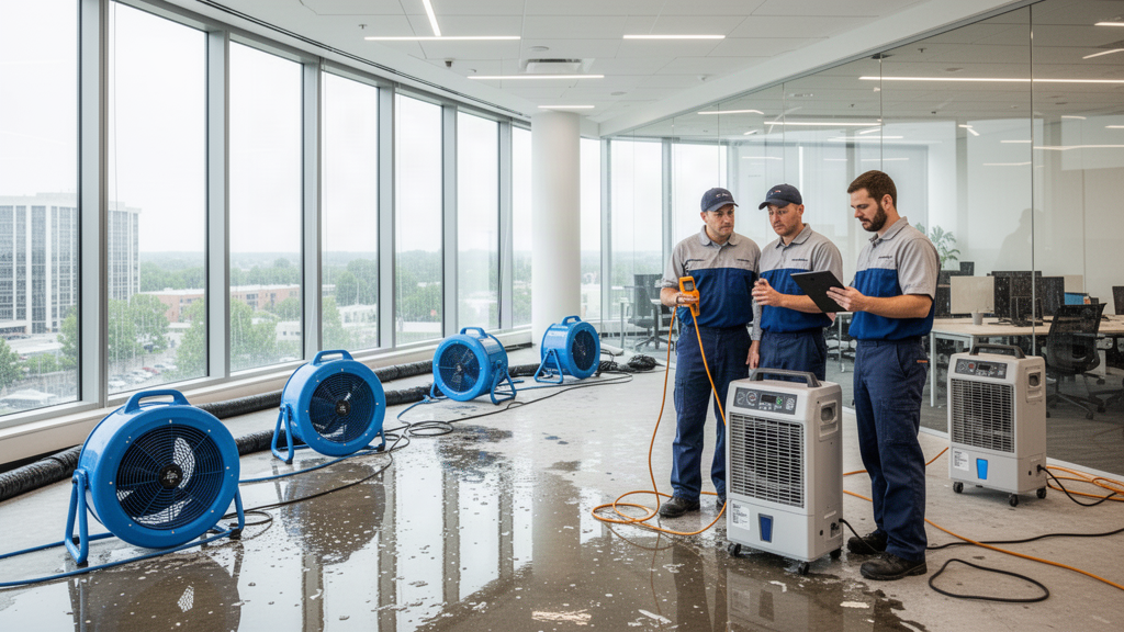 Commercial restoration team documenting a water mitigation loss